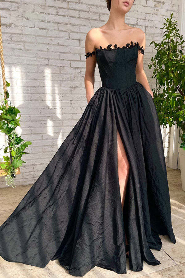 Black A Line Taffeta Long Prom Dress With Slit