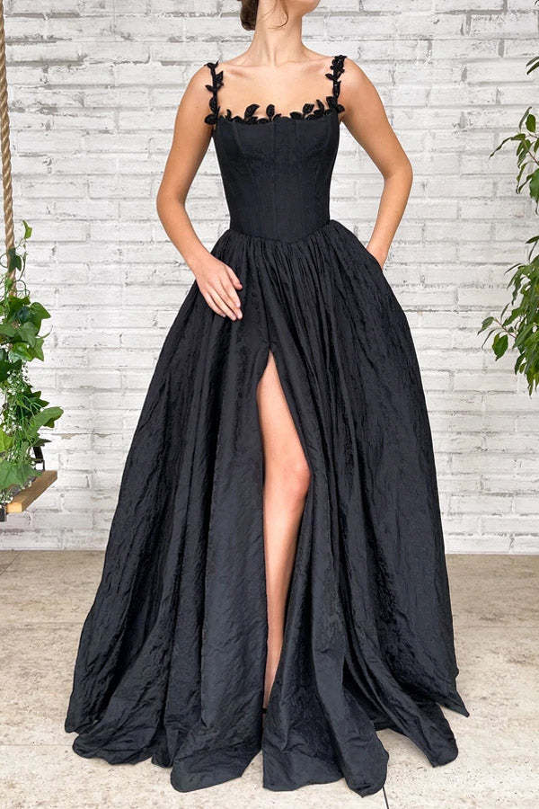 Black A Line Taffeta Long Prom Dress With Slit