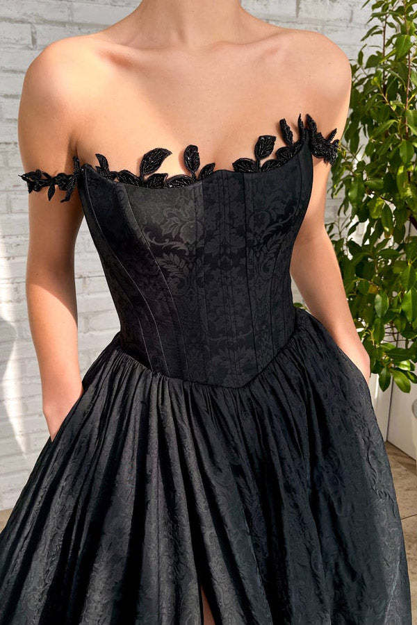 Black A Line Taffeta Long Prom Dress With Slit