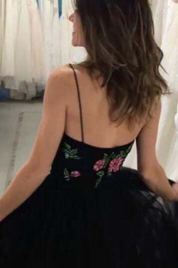Black Spaghetti Straps Tulle Prom Dress With Beading