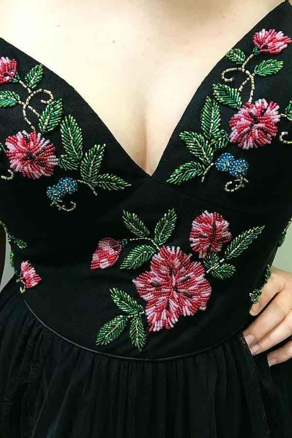 Black Spaghetti Straps Tulle Prom Dress With Beading