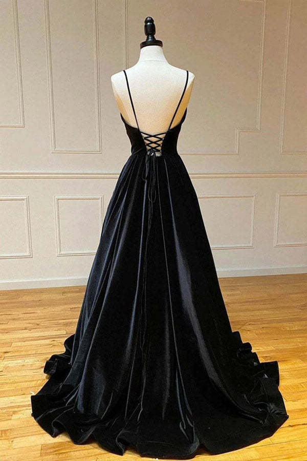 Black Velvet V Neck A Line Long Prom Dress Spaghetti Straps Long Party Dress