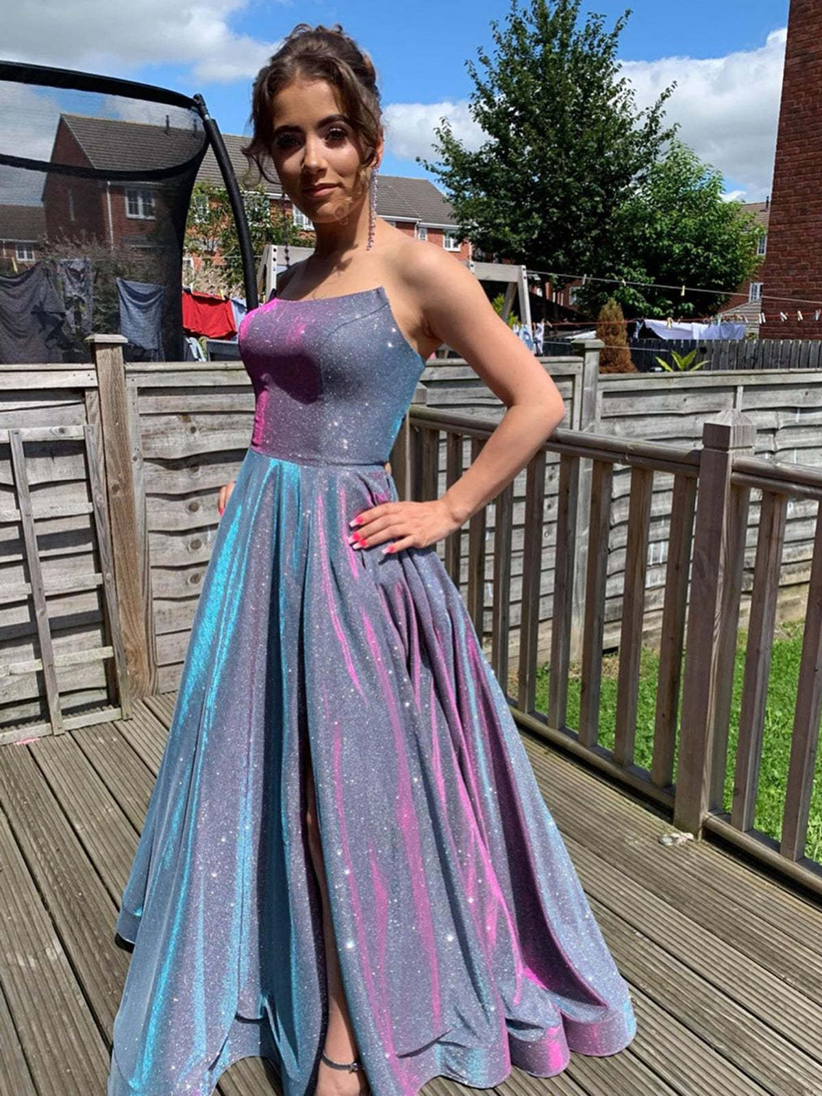 Bling Bling Backless Purple Long Prom Dresses with High Slit, Backless Purple Formal Graduation Evening Dresses 