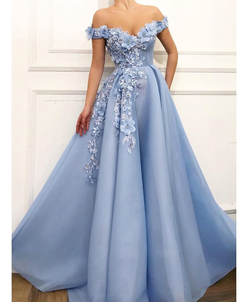 Blue Tulle Off The Shoulder 3D Floral Long Prom Dress