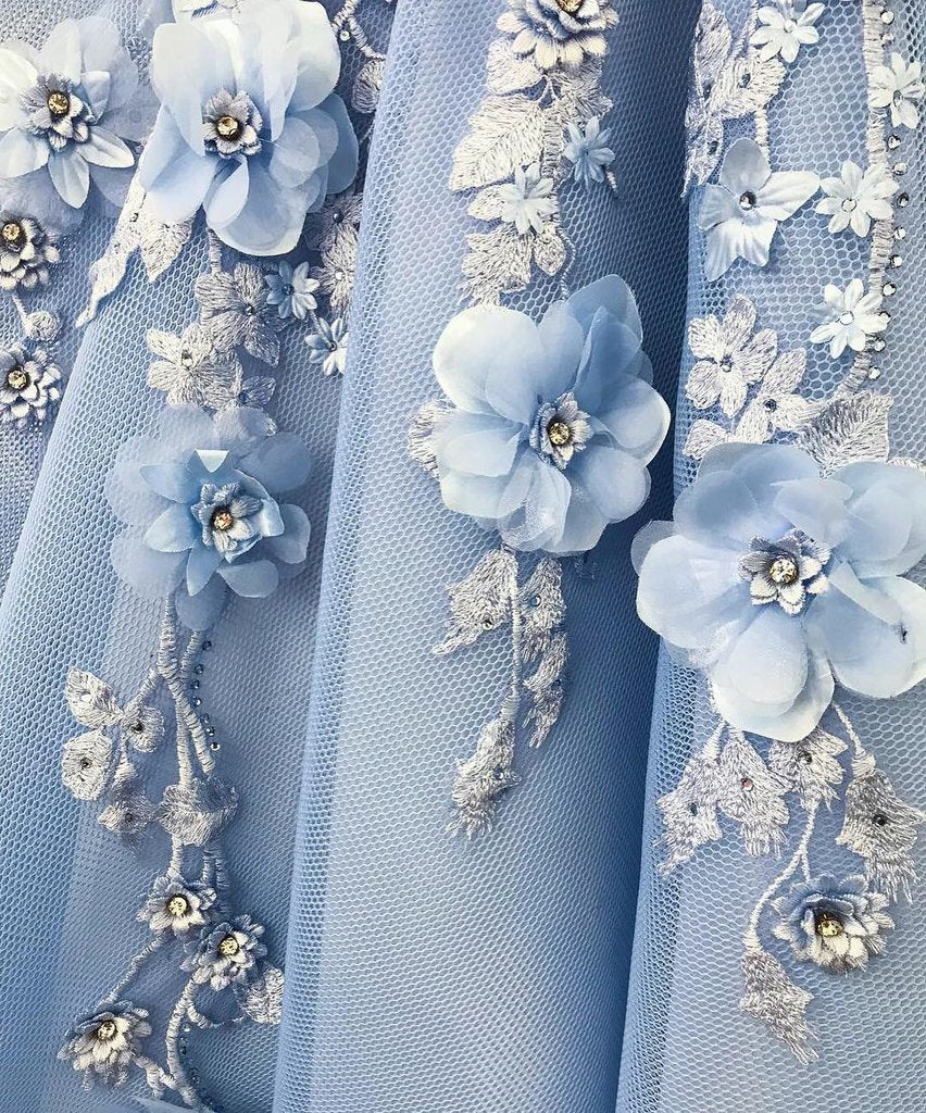 Blue Tulle Off The Shoulder 3D Floral Long Prom Dress