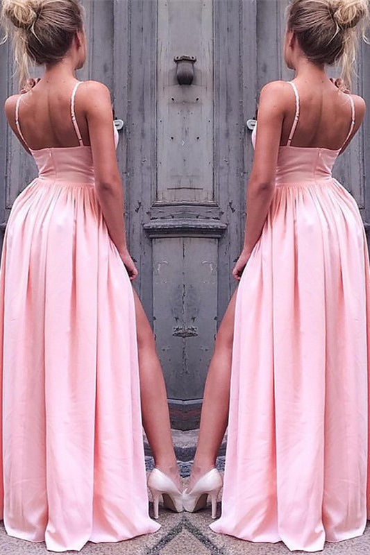 Blush Pink Prom Gown with Flirty Spaghetti Straps and Daring Leg Slit