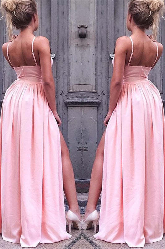 Blush Pink Prom Gown with Flirty Spaghetti Straps and Daring Leg Slit