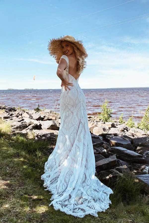 Boho Lace Sheath Cap Sleeve Wedding Dress With Sweep Train WW262