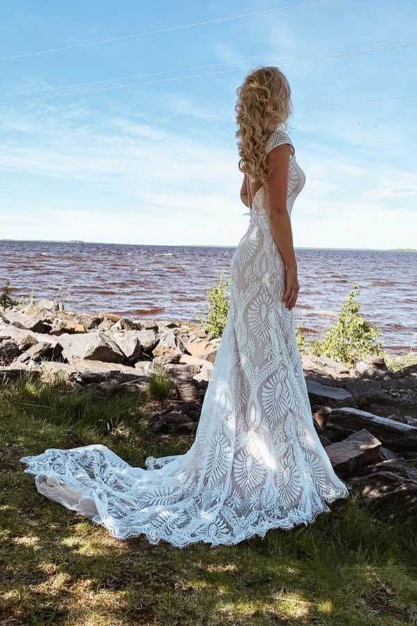 Boho Lace Sheath Cap Sleeve Wedding Dress With Sweep Train WW262