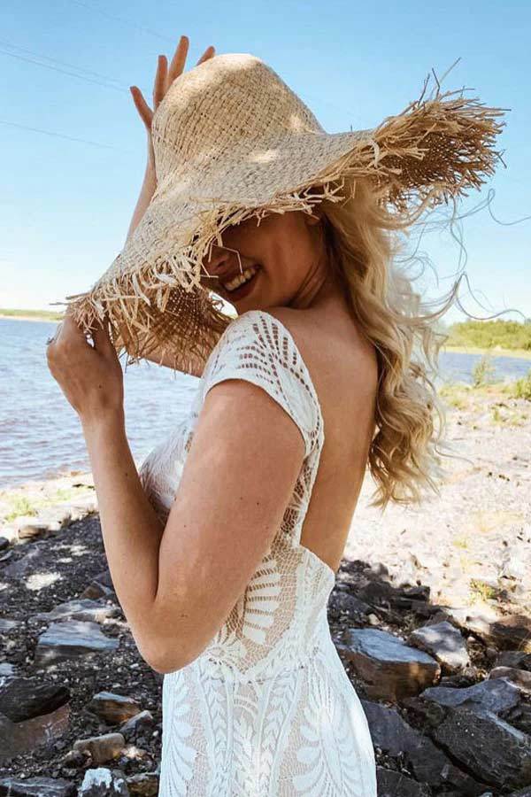 Boho Lace Sheath Cap Sleeve Wedding Dress With Sweep Train WW262
