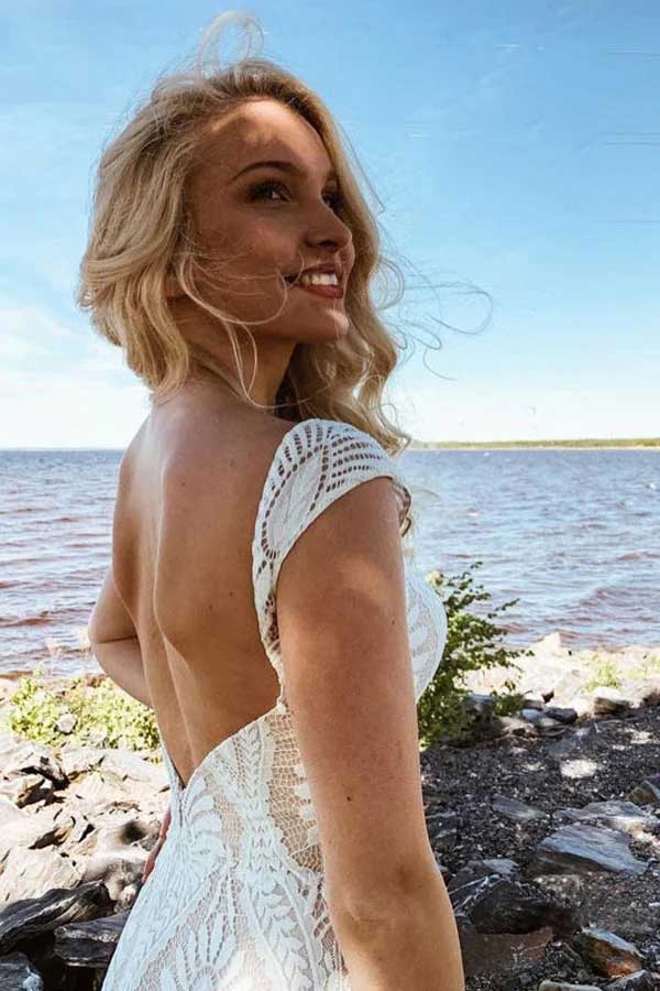 Boho Lace Sheath Cap Sleeve Wedding Dress With Sweep Train WW262