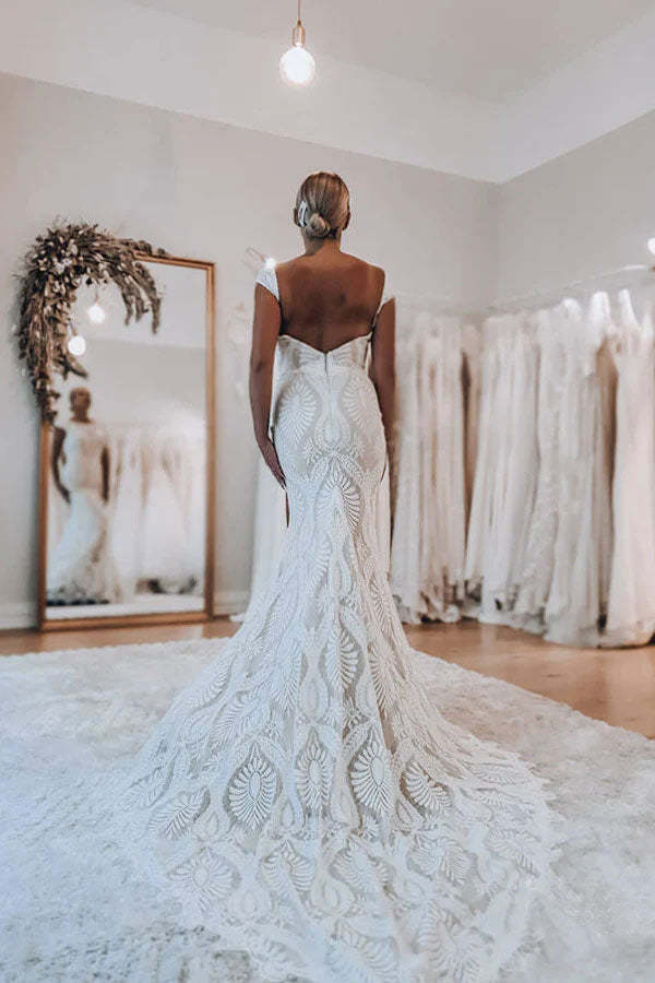 Boho Lace Sheath Cap Sleeve Wedding Dress With Sweep Train WW262