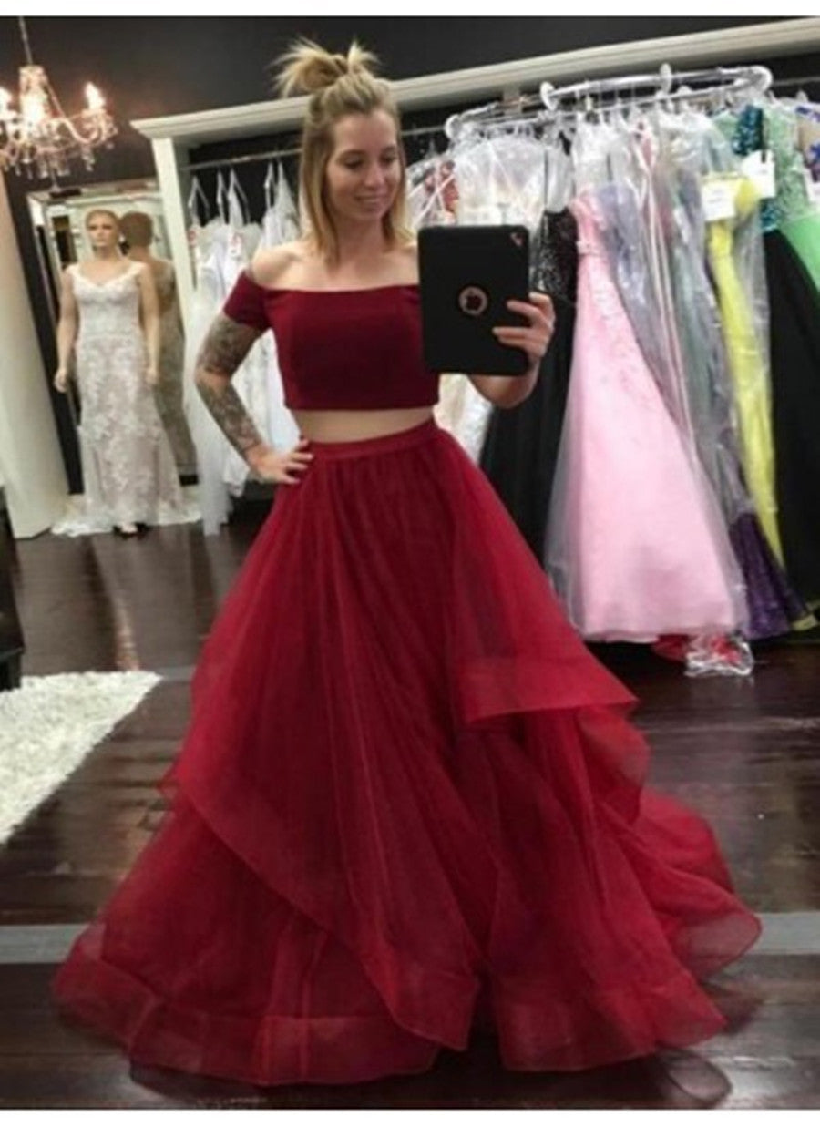 Burgundy Off Shoulder 2 Pieces Tulle Long Prom Dresses, Burgundy Off Shoulder Graduation Dresses, Formal Dresses, Evening Dresses