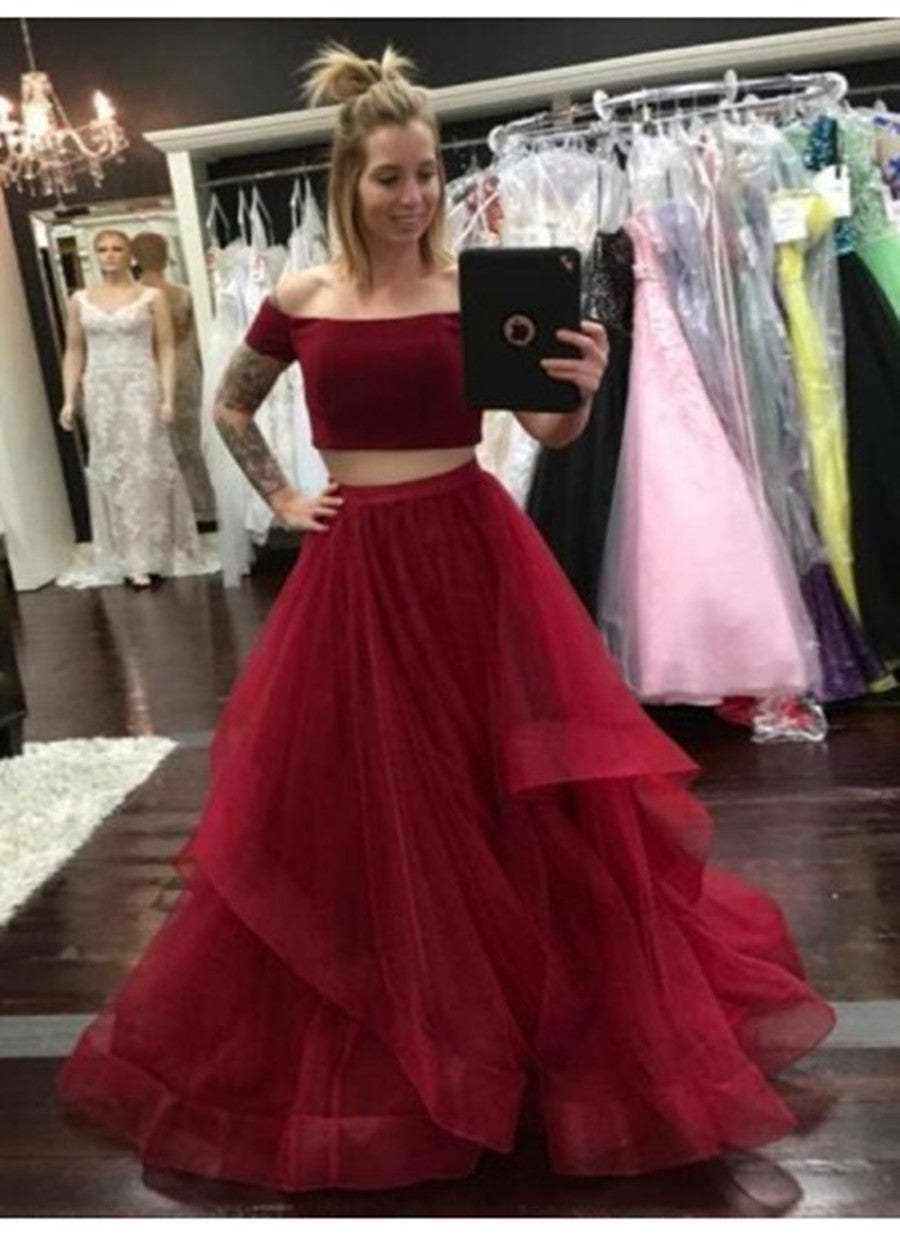 Burgundy Off Shoulder 2 Pieces Tulle Long Prom Dresses, Burgundy Off Shoulder Graduation Dresses, Formal Dresses, Evening Dresses