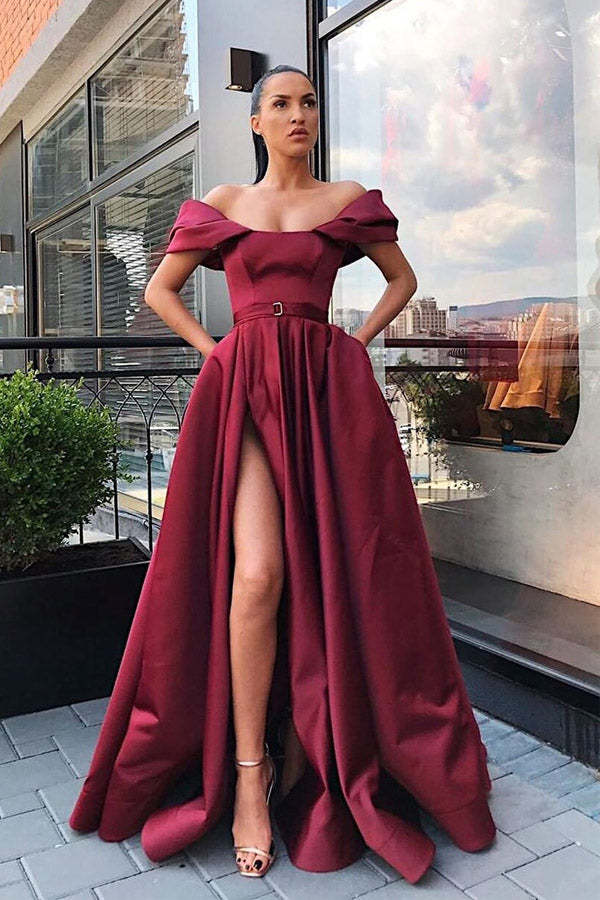Off The Shoulder Satin Long Prom Dress With Split