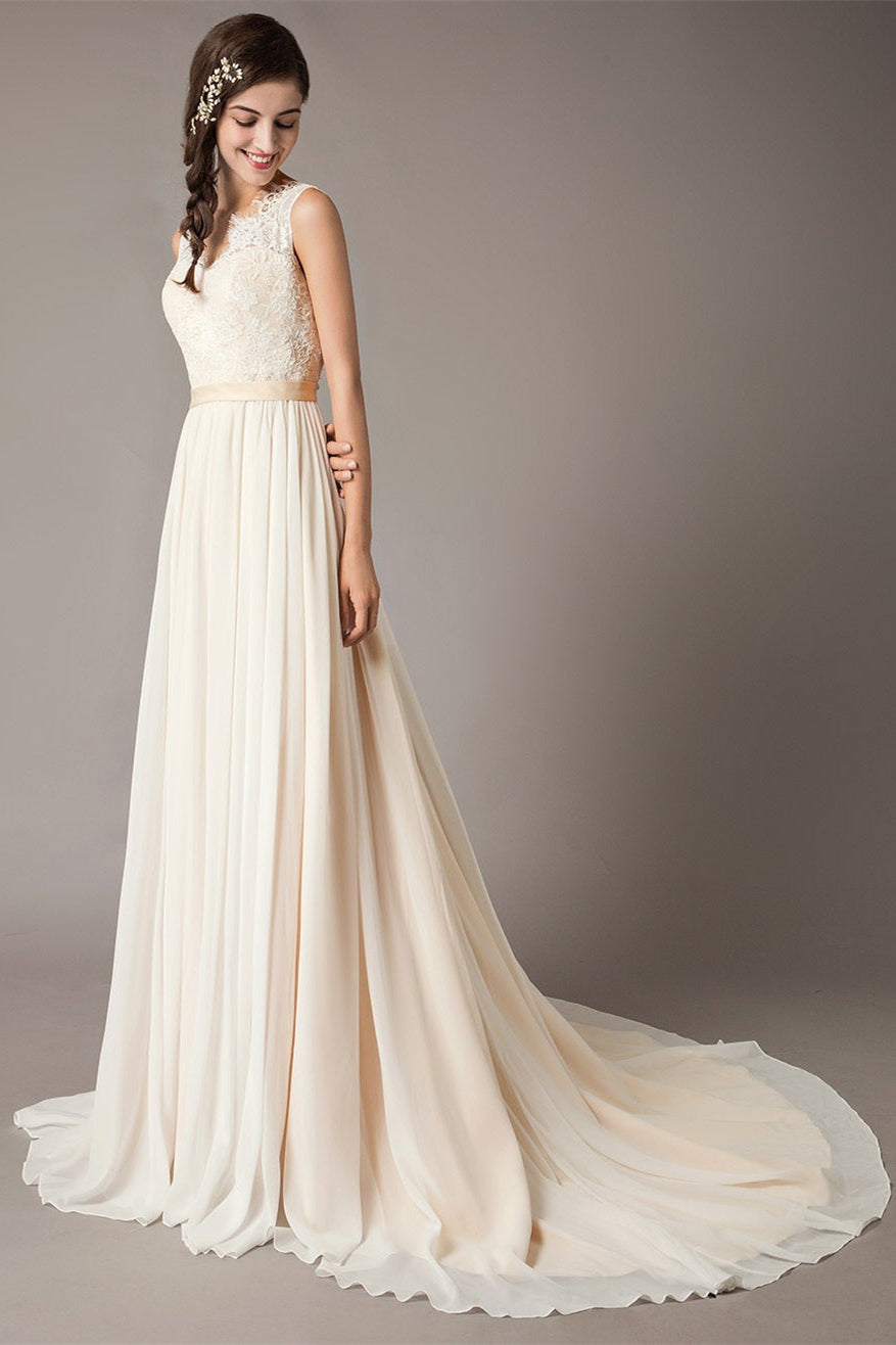 Champagne Lace Chiffon Wedding Dress