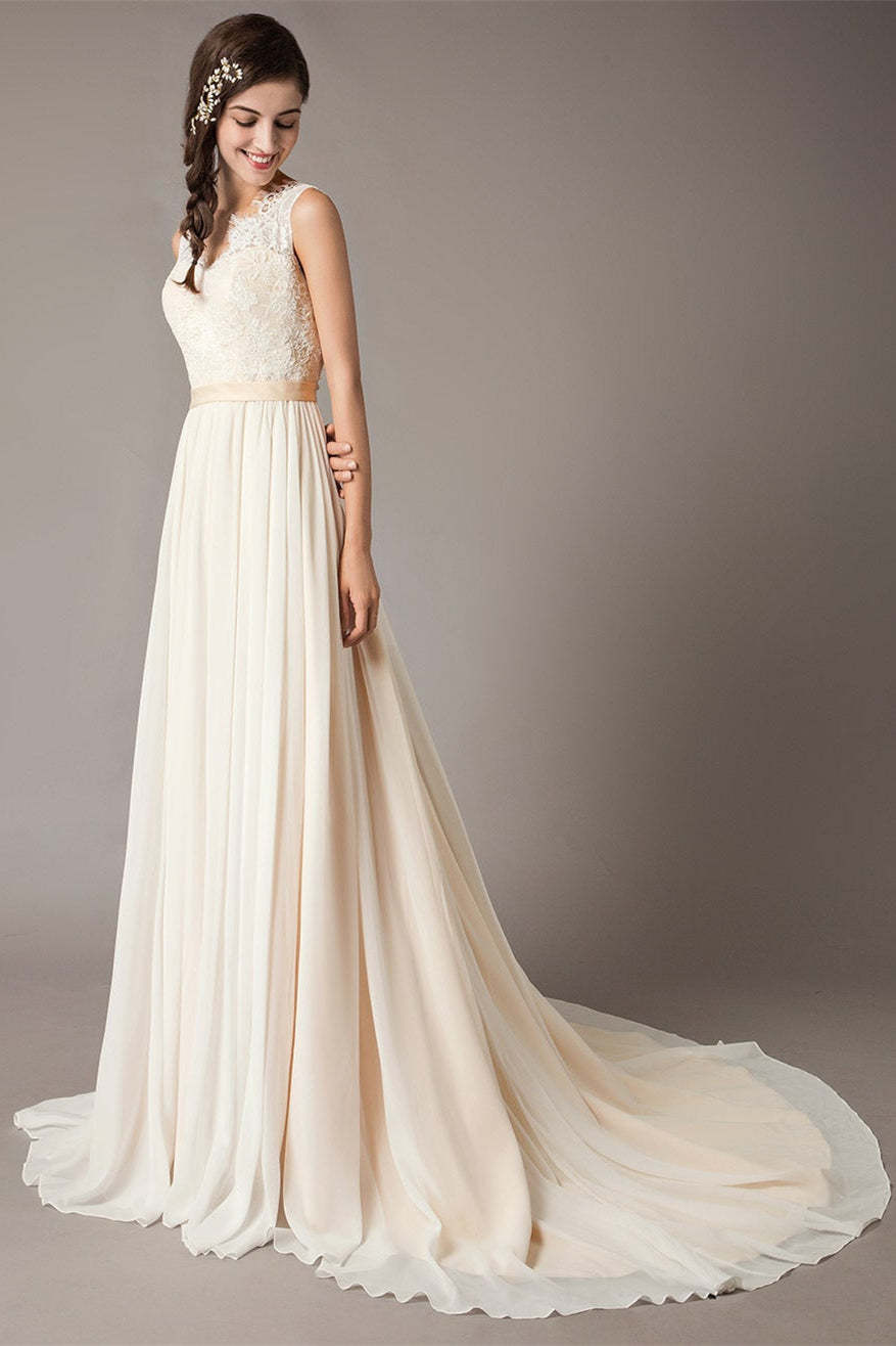 Champagne Lace Chiffon Wedding Dress