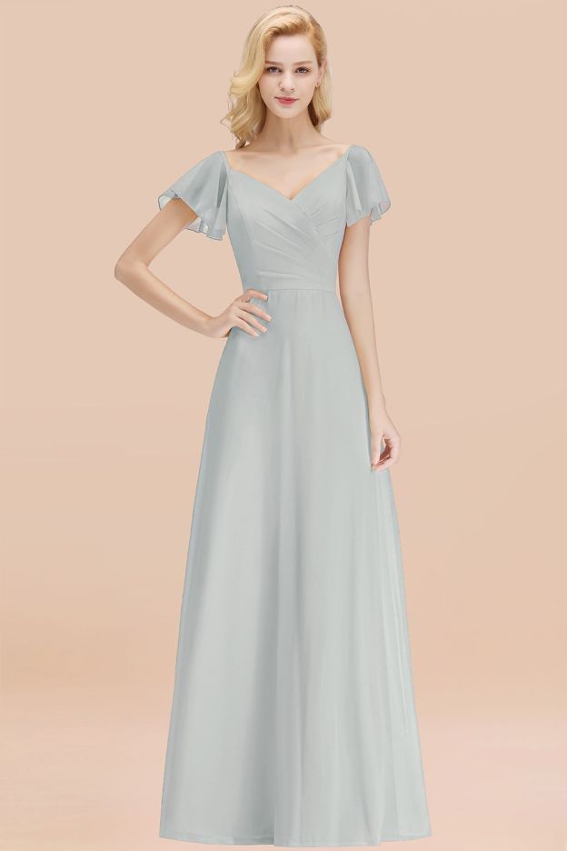 27prom Elegent Short-Sleeve Long Bridesmaid Dress Online Yellow Chiffon Wedding Party Dress-27prom