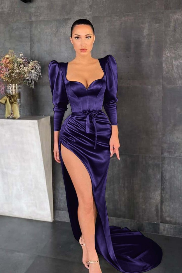 Glamorous Dusty Sage Long Sleeves Pleated Long Prom Dress Split With Belt