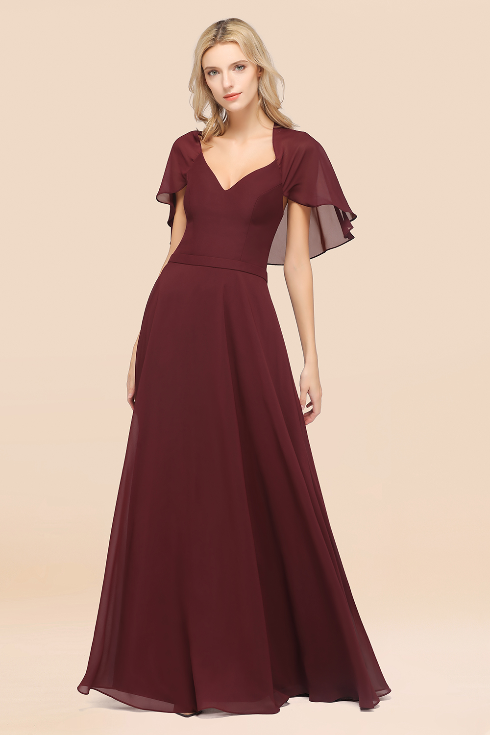 27prom Chic Satin V-Neck Long Burgundy Chiffon Bridesmaid Dress with Flutter Sleeve-27prom