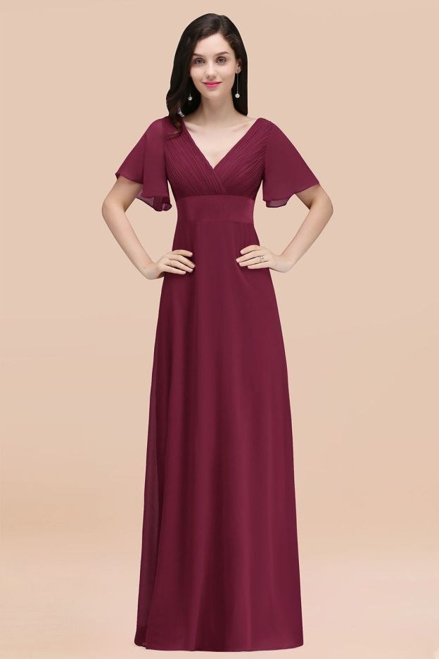 27prom Affordable V-Neck Ruffle Long Burgundy Bridesmaid Dress With Short-Sleeves-27prom