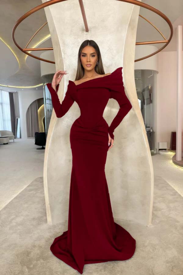 Off the Shoulder Long Sleeves Long Mermaid Prom Dress With Pleated