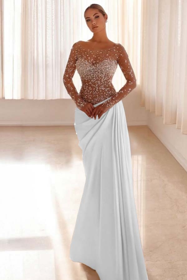 Jewel Neck Long Sleeves Long Mermaid Prom Dress With Pleated