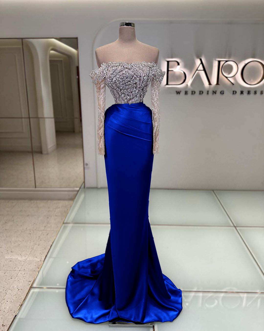 Off the Shoulder Long Sleeves  Long Mermaid Prom Dress With Beading