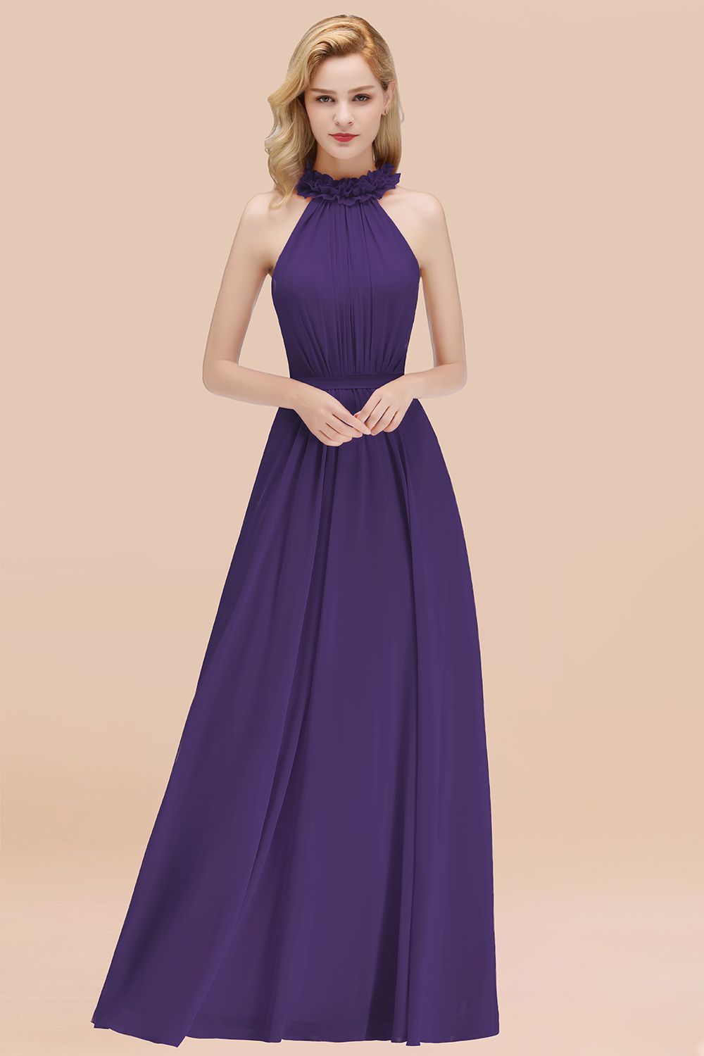 27prom Modest High-Neck Halter Ruffle Chiffon Bridesmaid Dresses Affordable-27prom