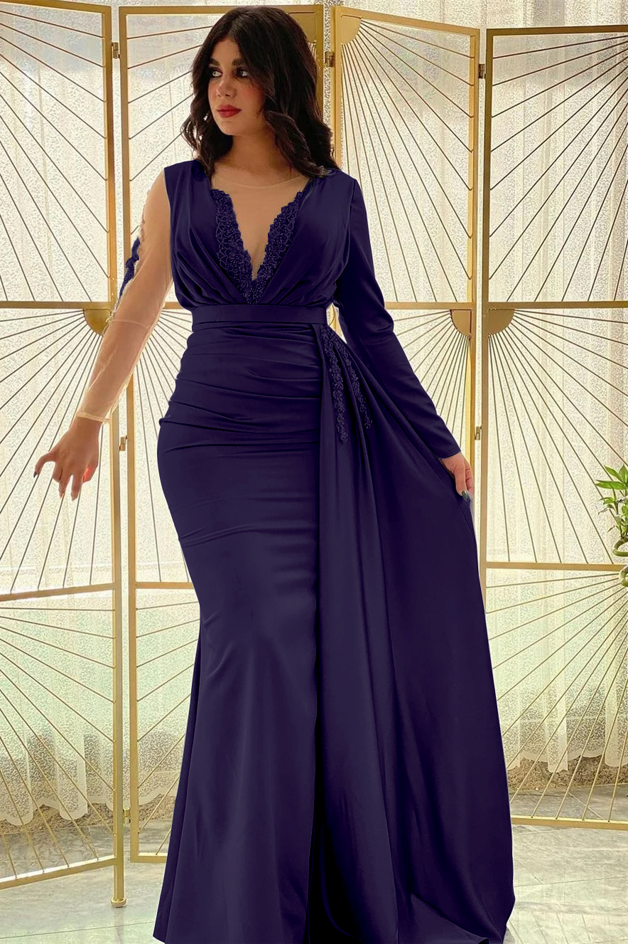 Mermaid Long Sleeves Beadings Pleated Prom Dress Side Split With Ruffles