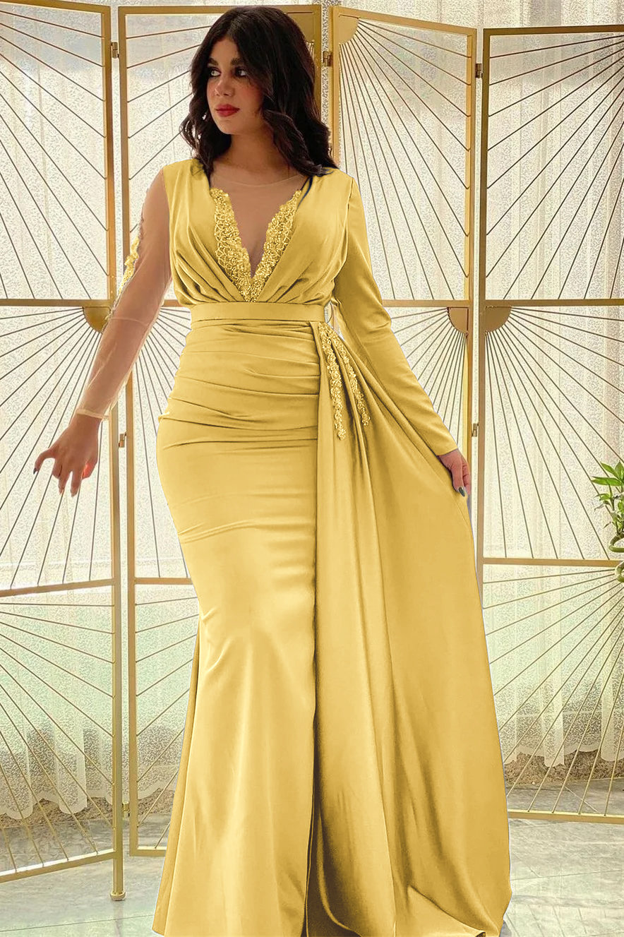 Mermaid Long Sleeves Beadings Pleated Prom Dress Side Split With Ruffles