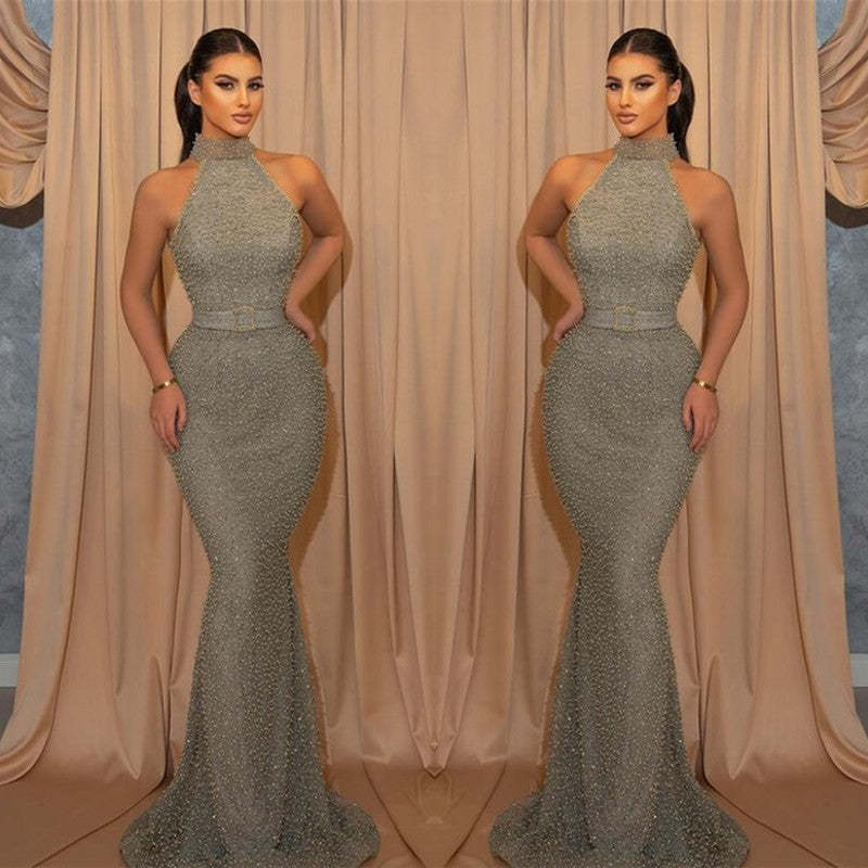 Online Sequined Sleeveless Halter Mermaid Evening Dress with Belt