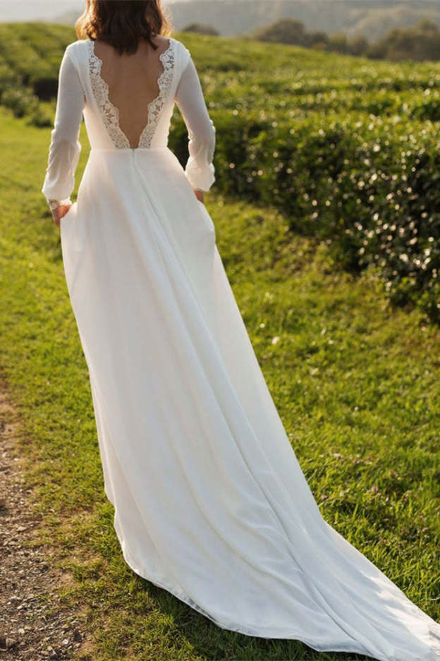 Long Sleeve Backless Chiffon Wedding Dress