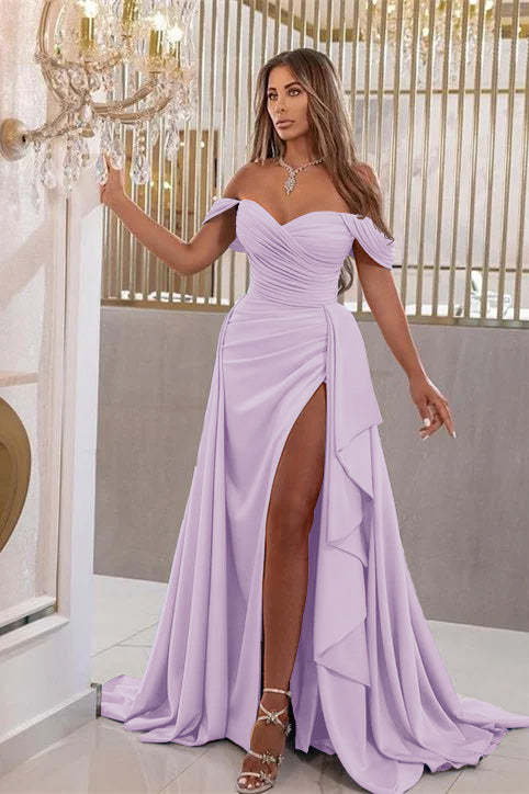 Elegant Sky Blue Off-The-Shoulder Sweetheart Prom Dress with Split Mermaid