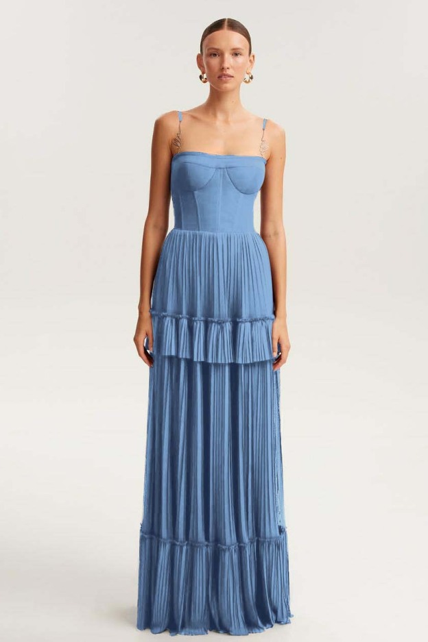 Spaghetti Strap Sleeveless Long Prom Dress With Ruffles