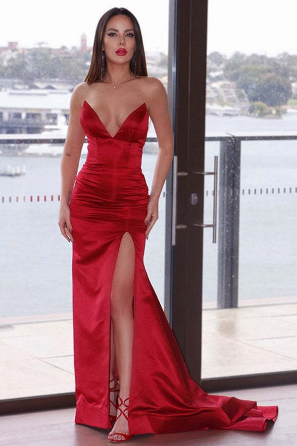 Red V-Neck Mermaid Prom Dress with Split