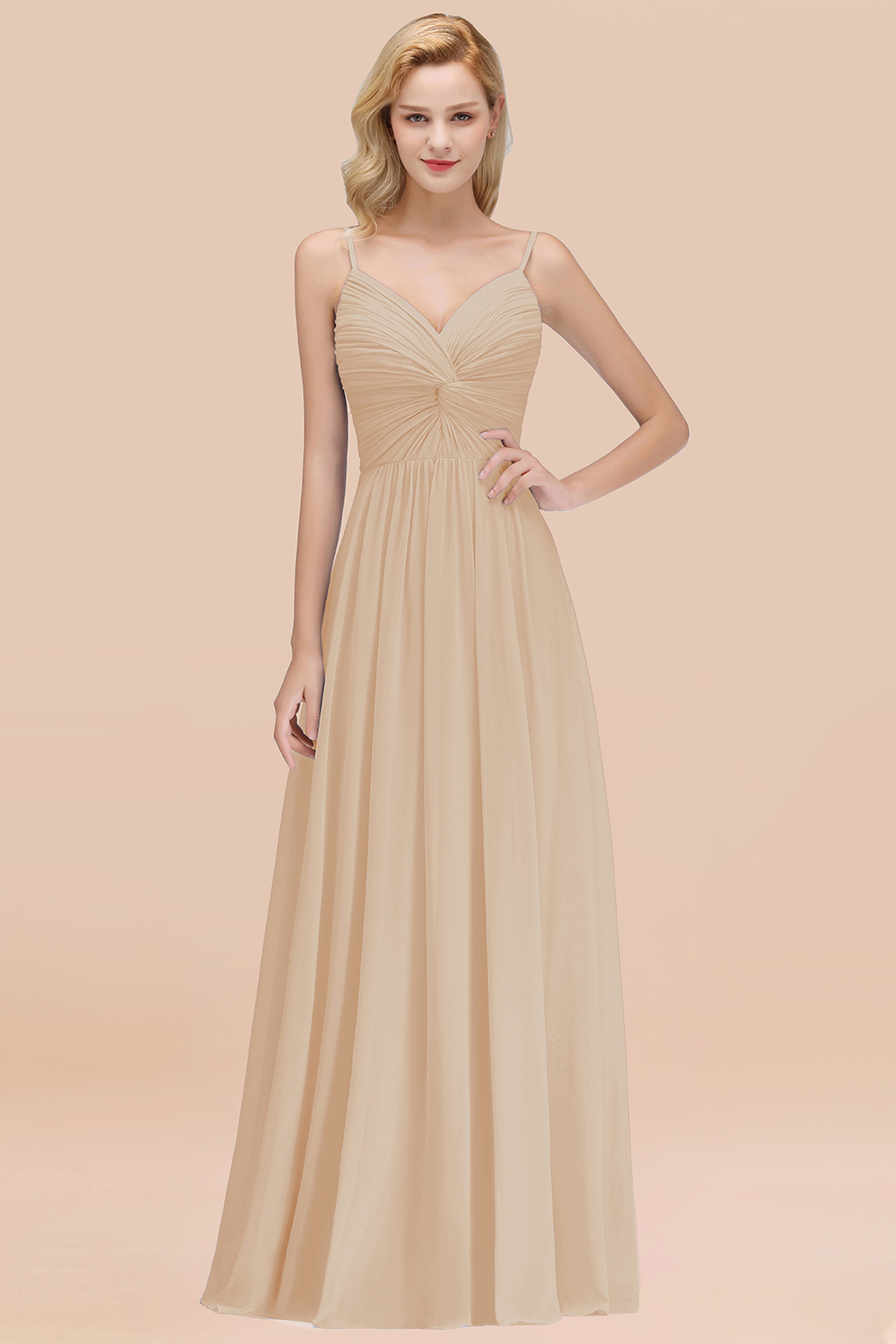 27prom Chic V-Neck Pleated Backless Bridesmaid Dresses with Spaghetti Straps-27prom