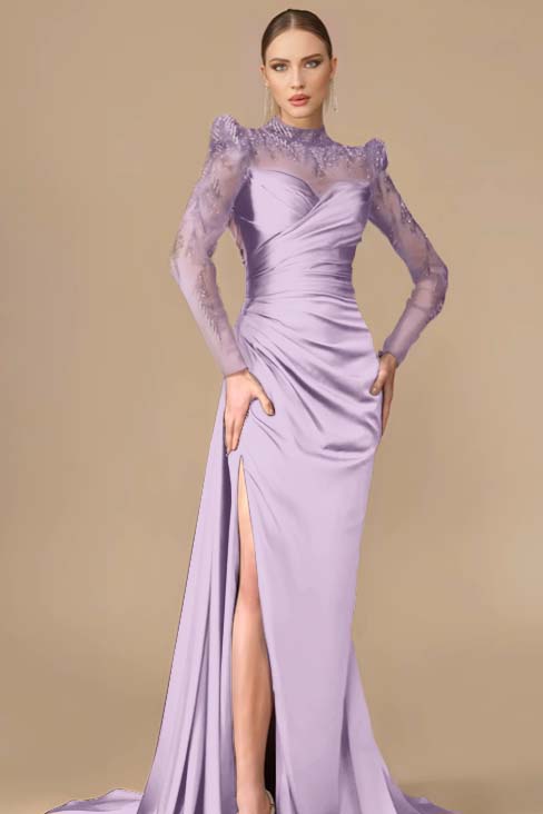 Long Sleeves Long Mermaid Prom Dress With Split Pleated Appliques