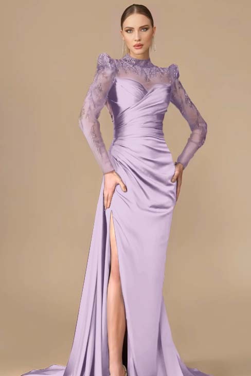 Long Sleeves Long Mermaid Prom Dress With Split Pleated Appliques