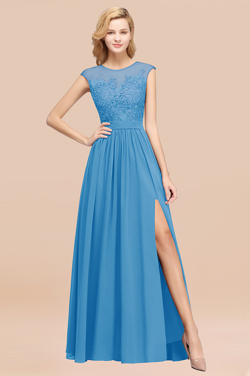 27prom Affordable Scoop Lace Appliques Yellow Bridesmaid Dresses with Slit-27prom