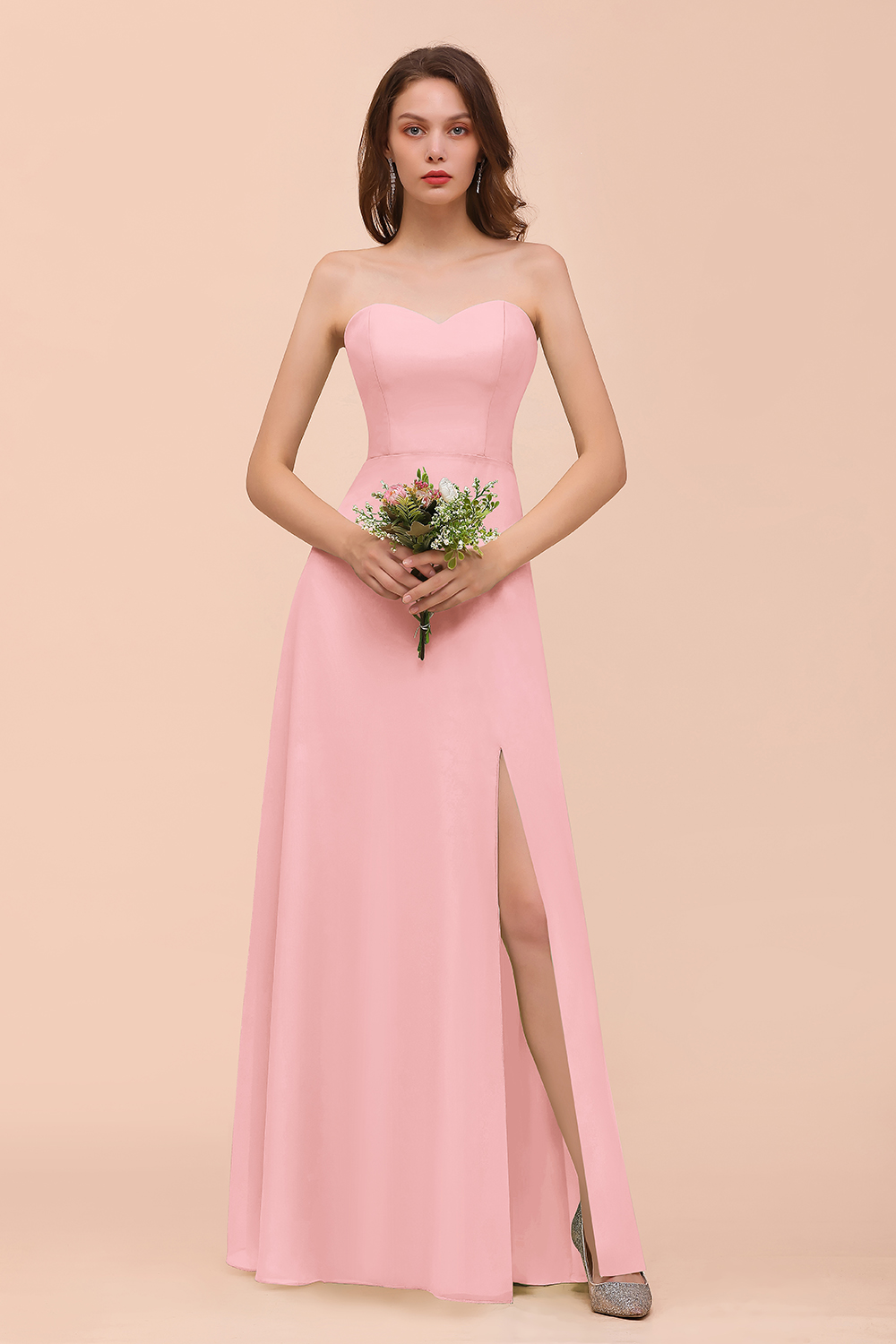 27prom Affordable Strapless Front Slit Long Dusty Sage Bridesmaid Dress-27prom
