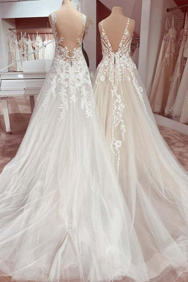 Deep V-Neck A-Line Lace Floor-Length Wedding Dress with Tulle Appliques