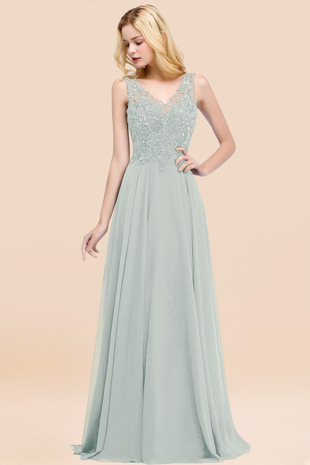 27prom Affordable Lace V-Neck Navy Bridesmaid Dresses With Appliques-27prom
