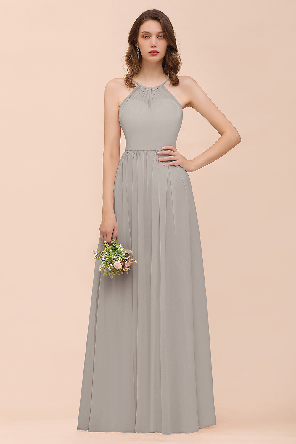 27prom Gorgeous Chiffon Halter Ruffle Affordable Long Bridesmaid Dress-27prom