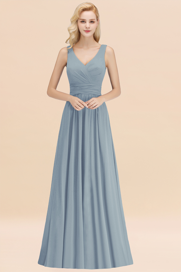 27prom Modest Sleeveless V-Neck Long Chiffon Bridesmaid Dress Online with Ruffle-27prom