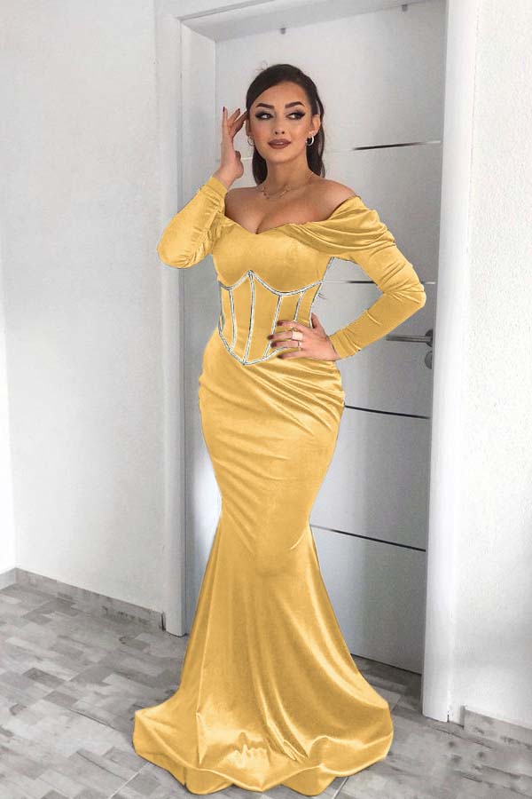 Off the Shoulder Prom Dress Dark Green Long Sleeves Mermaid