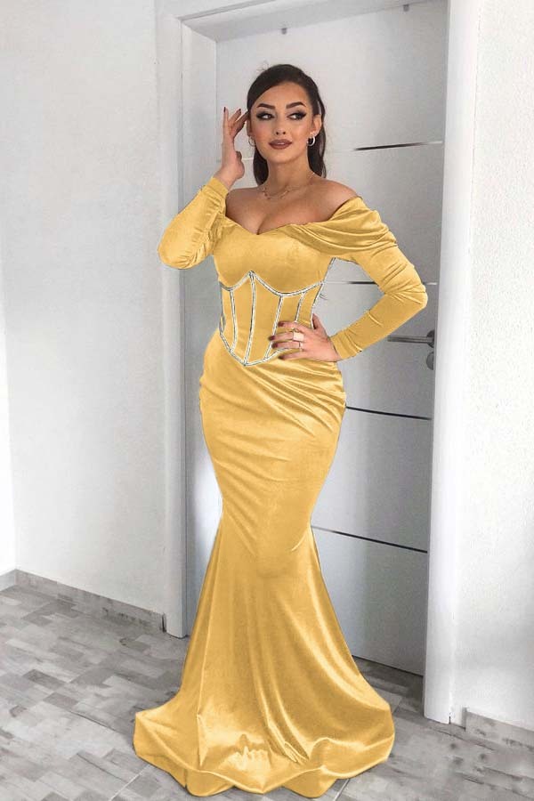 Off the Shoulder Prom Dress Dark Green Long Sleeves Mermaid