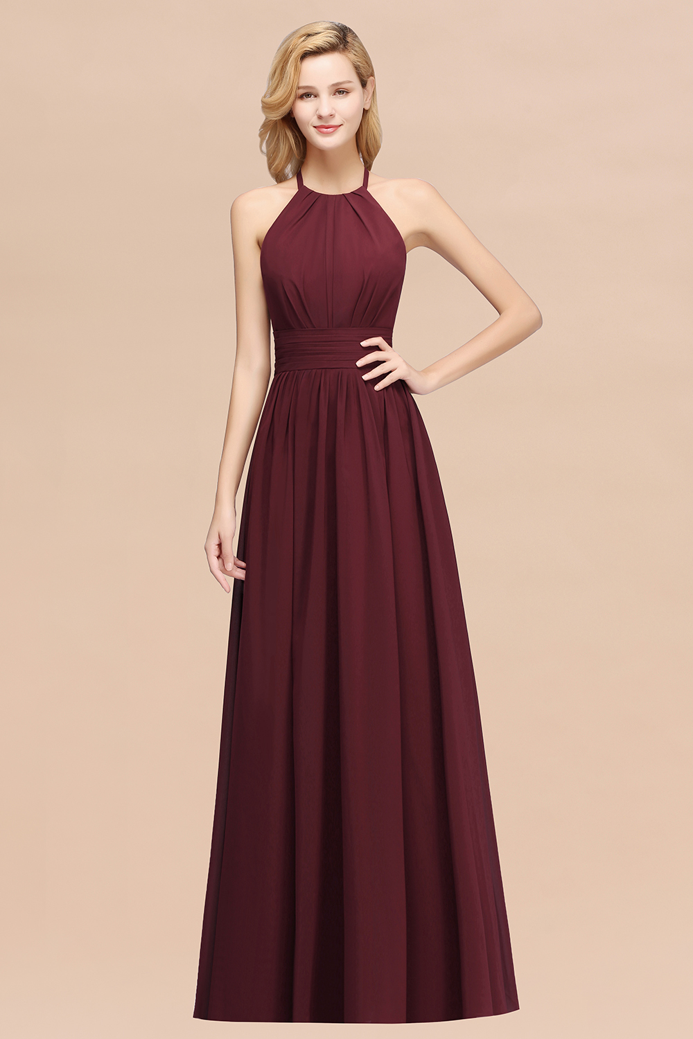 27prom Elegant High-Neck Halter Long Affordable Bridesmaid Dresses with Ruffles-27prom