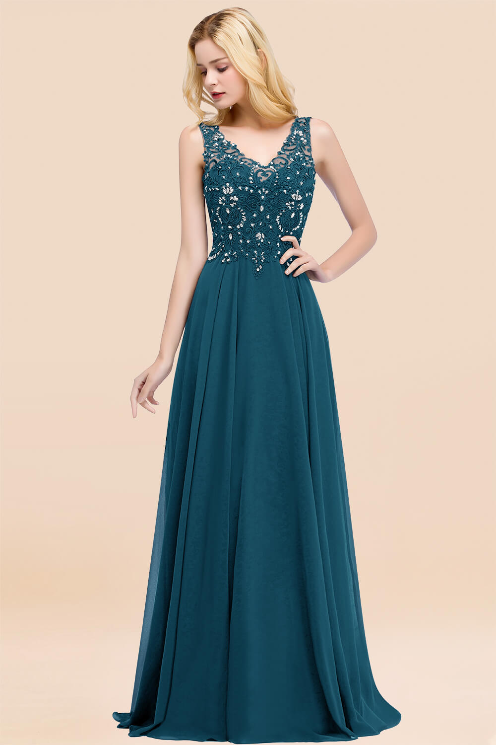 27prom Affordable Lace V-Neck Navy Bridesmaid Dresses With Appliques-27prom