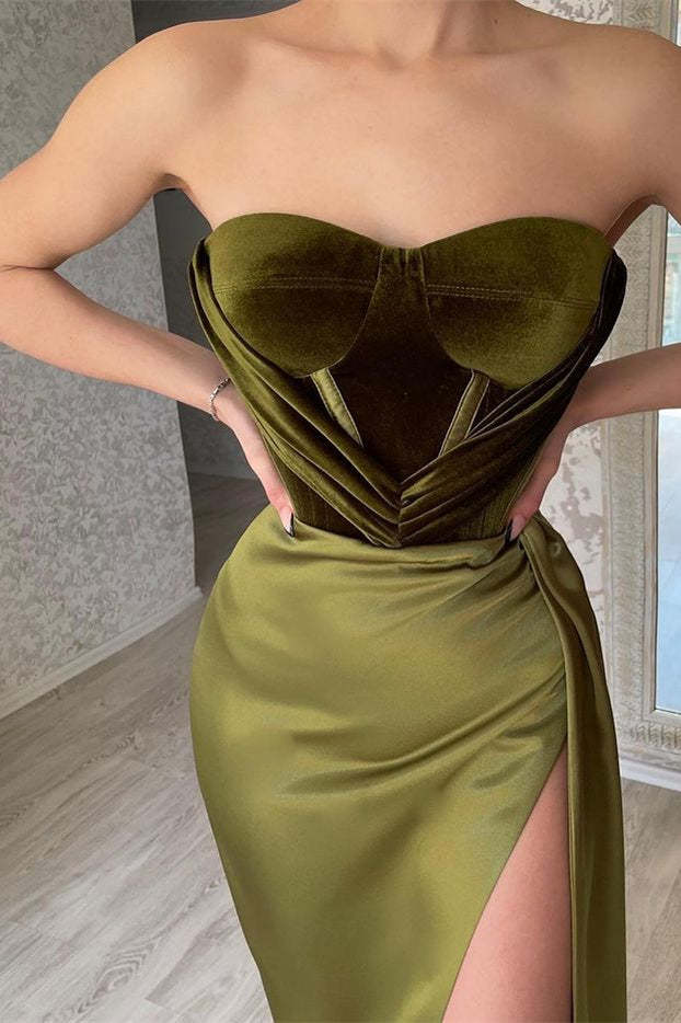 Olive Green Strapless Mermaid Evening Dress with Split